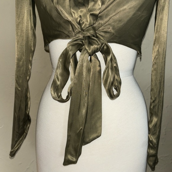 ZARA satin olive green tied long sleeve crop top in women’s small - Picture 7 of 12